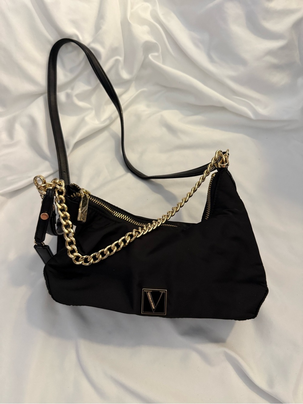 NWOT Victoria's Secret The Victoria Nylon Mini Curve Black Shoulder Bag